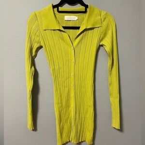 Beige Botany ribbed button up green/yellow mini dress. Size Small.